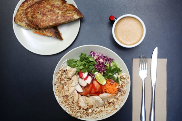 Rainbow chicken bowl, kim cheese toastie and bulletproof coffee.