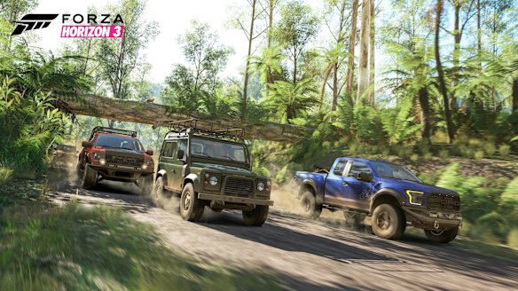 Trucks take a race through the rainforest.