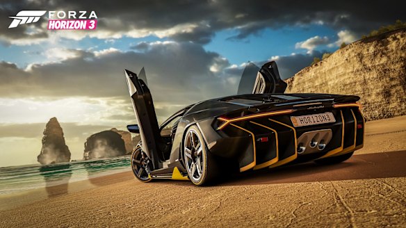 A Lamborghini sits in front of the Twelve Apostles.