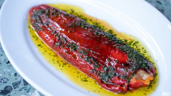 Bullhorn pepper stuffed with anchovy, salsa verde.