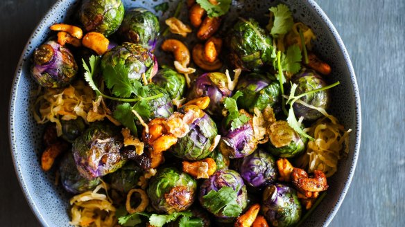 Roasted sweet and spicy brussels sprouts with kaffir lime cashews and kimchi.