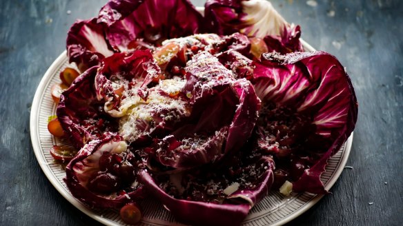 Radicchio and red grapes showered in manchego snow.