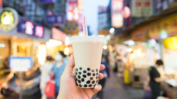 Bubble tea, the traditional drink of Taiwan, at a night market.