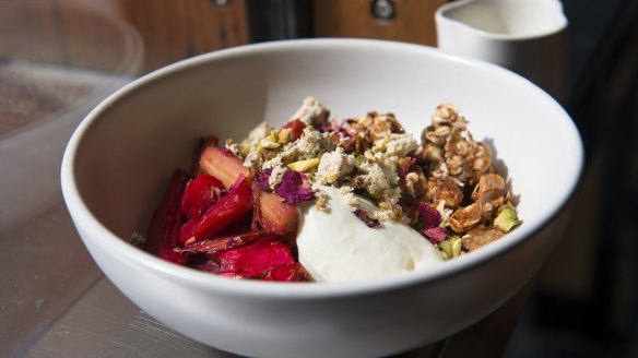 Spelt and maple granola, roasted rhubarb, berries, whipped ricotta.