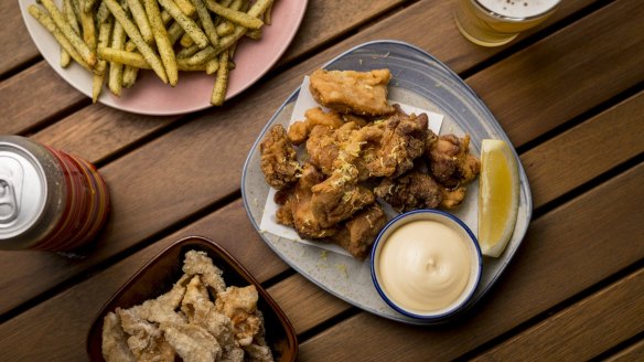Karaage with side of fried chicken skin at Benchwarmer, North Melbourne. 
