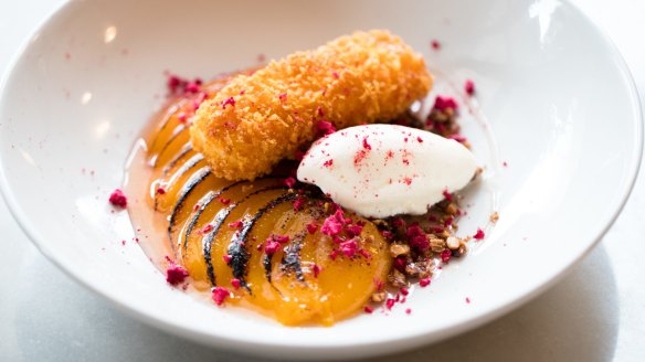 Deep-fried and crumbed custard with roasted poached peaches, gelato and pinenut praline.