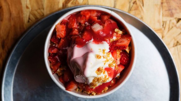 Strawberry swirl soft-serve with peanut brittle.