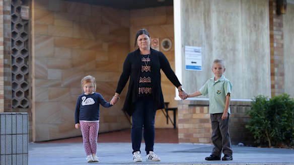 Renee Watson with her children Jack, 6, and Georgia, 4, at the rest centre at Cronulla.