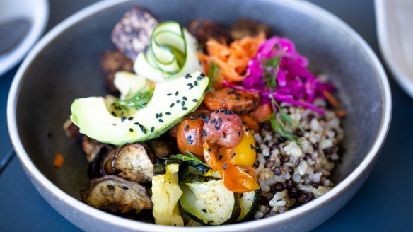 Eve's salad bowl, a vibrant jubilee of pickled, roasted and raw vegetables.