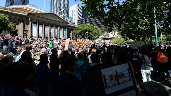 Several thousand protesters gathered outside the State Library of Victoria on Saturday afternoon.