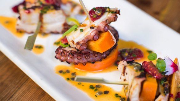 Octopus pintxo with persimmon and tropical flavours at Moda.
