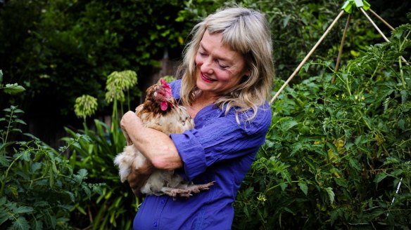 Sue Pavasaris with her French maran chicken in her garden in Griffith. 