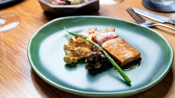 Bundarra pork and mushroom with garlic scapes. 