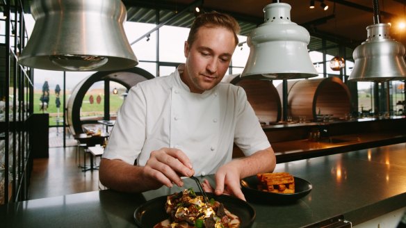 Levantine Hill's executive chef Luke Headon prepares the rare variety of wagyu steak. 