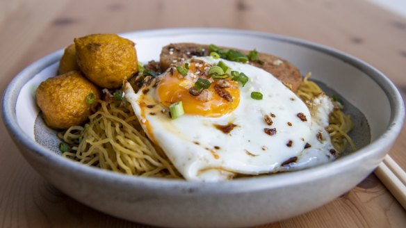 Spam-fried egg, curry fish ball egg noodle with oyster sauce. 