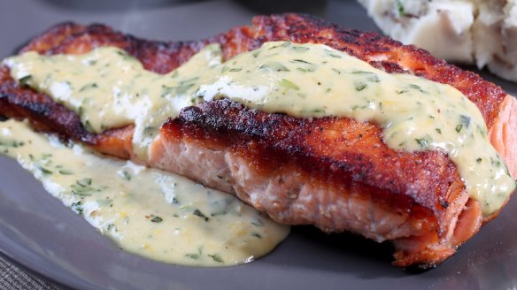 Salmon Fillet with a Lemon, Tarragon and Garlic Sauce. Single serve recipes for Good Food via TNS portal. Please credit Nikos Frazier. Single use only.