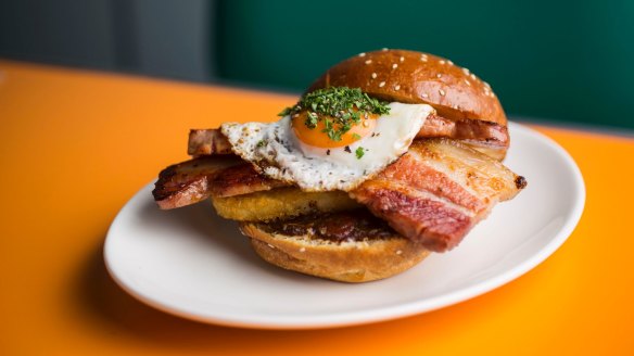 Matinee's breakfast burger with thick bourbon bacon.