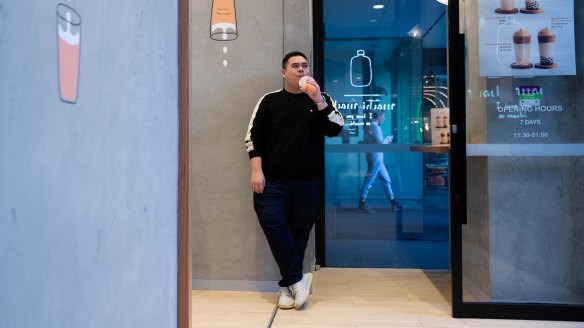 Adrian Widjonarko with a bubble tea at Machi Machi, in Sydney. 