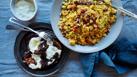 Moroccan couscous with harissa glazed eggplant.