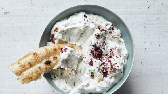 Persian cucumber and herb yoghurt with optional rose petals.