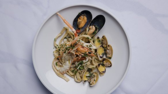 Scialatielli all Amatriciana is tossed with lightly cooked mussels, clams, prawns and scampi.