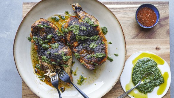 Spice roasted chicken and chimichurri.