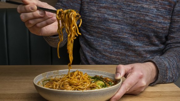 Dan dan noodles with pork mince and dry chilli oil.