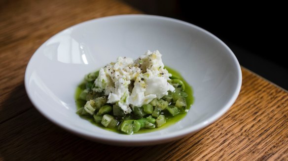 Buffalo mozzarella, broad beans, green tomatoes, fennel and lemon.