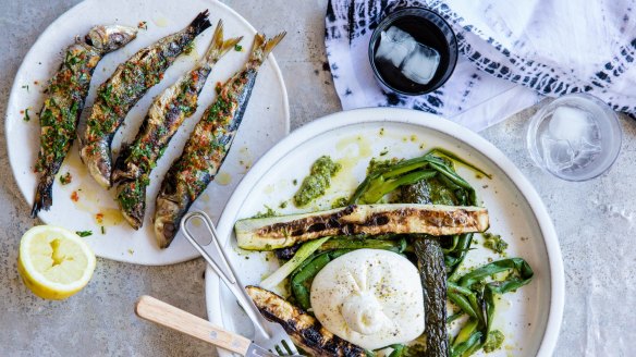 Three Blue Ducks' sardines with burrata, charred zucchini and spring onions 