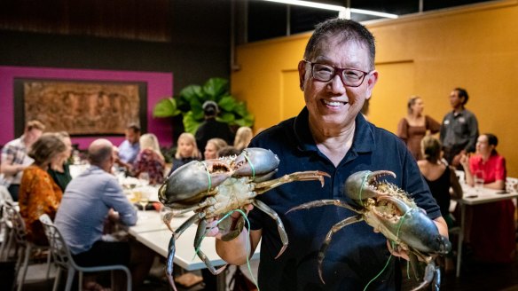 Jimmy Shu with mud crab at his excellent Darwin restaurant, Hanuman.