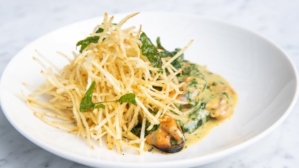 Moules frites sees mussels tossed in Cafe de Paris butter and teamed with shoestring potatoes. 