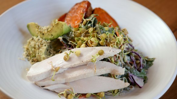 Soul food: Caramelised sweet potato with avocado and hemp protein humous, sprouted bean and cabbage slaw and nut milk dressing (with chicken).