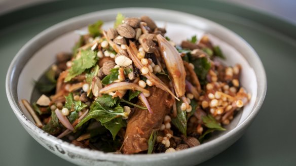 Caramelised carrot, honey, harissa, smoked almonds and pearl cous cous.