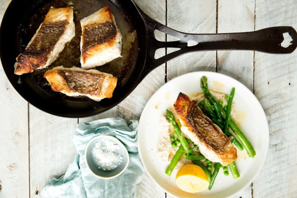A delicious crispy skinned snapper recipe served with macadamia cream and asparagus.