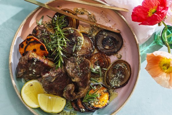 Barbecued lamb chops with sweet potato and rosemary butter.