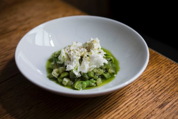 Buffalo mozzarella, broad beans, green tomatoes, fennel and lemon.