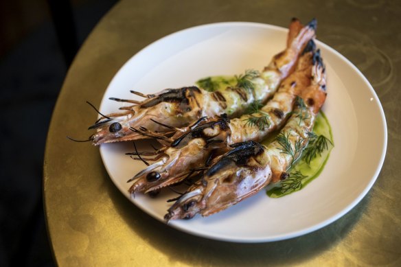 Charred tiger prawns, lemon and dill.