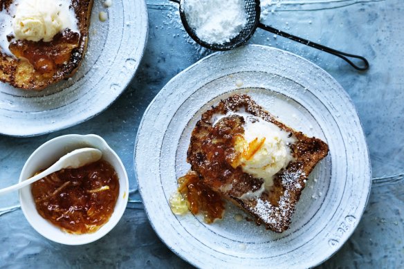 Caramel french toast with marmalade. 