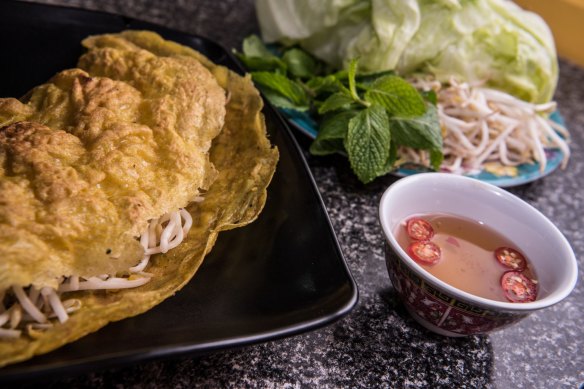 Pho Pasteur's banh xeo – Vietnamese crispy pancakes with mint, sprouts and lettuce.