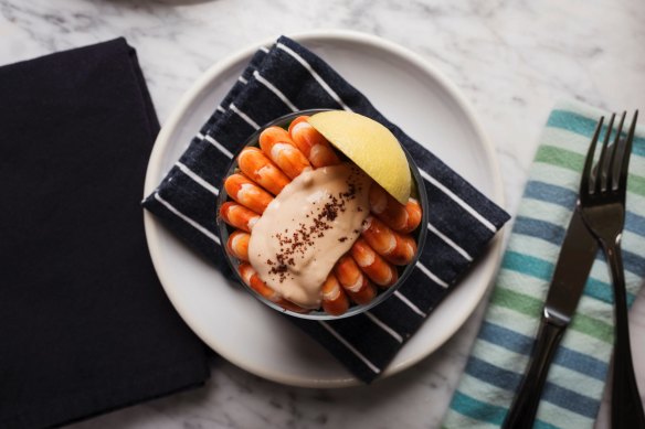 Prawn cocktail with avocado and cocktail sauce. 