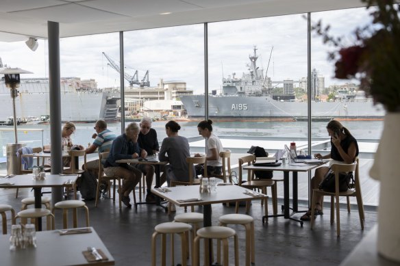 Oh Boy is framed by glittering water, with views of Mrs Macquaries Point, the Garden Island Naval Base and Potts Point.