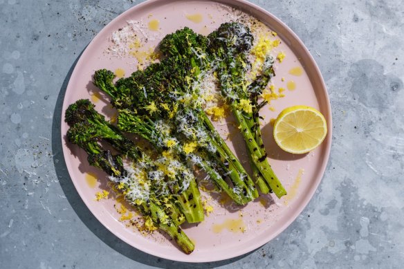 Barbecued broccolini with pecorino and lemon.