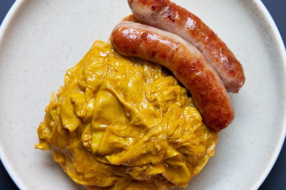 Curried scrambled egg and LP's sausages on an English muffin at A1 Canteen in Chippendale.
