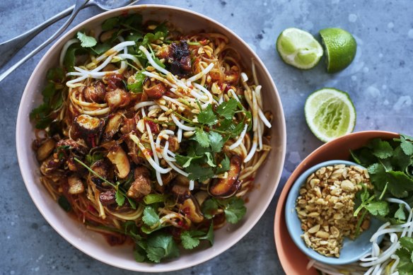 Karen Martini's stir-fried pork belly with bean thread vermicelli and udon noodles.