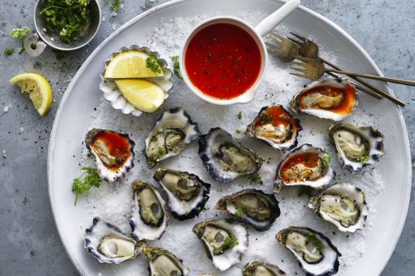 Oyster platter with homemade hot sauce.