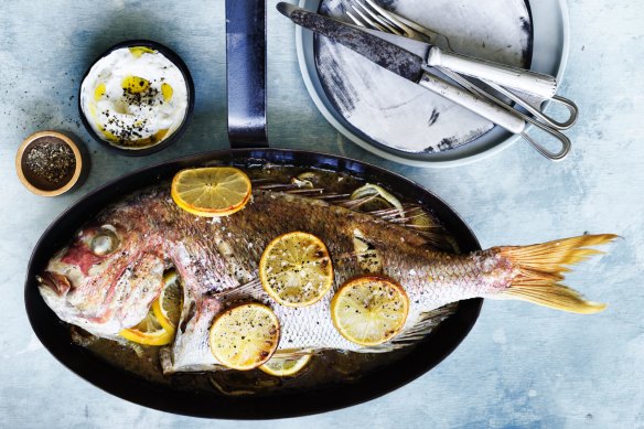 Baked snapper with dill cream and burnt onions.