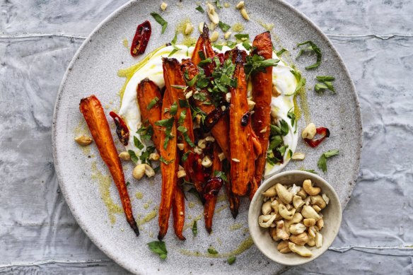 Chilli-roasted carrots with cashews.