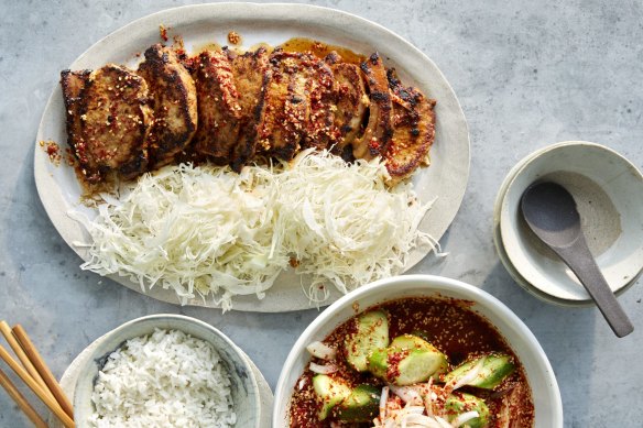 Miso-marinated pork with quick-pickled cucumber and sesame kimchi.