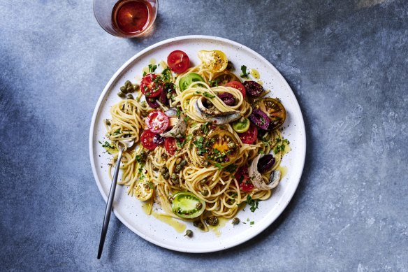 Pasta with no-cook puttanesca sauce.