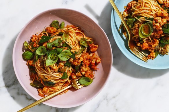 Prawn and tomato spaghetti.